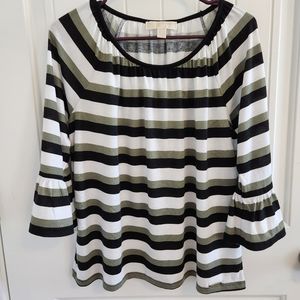 Michael Kors Black, White & Olive Green Striped Blouse Top size Medium